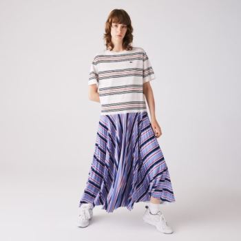 Lacoste Dissimilar Striped Pleated Jersey T-shirt Dress Dámské - Šaty Fialové / Tmavě Blankyt Blanky